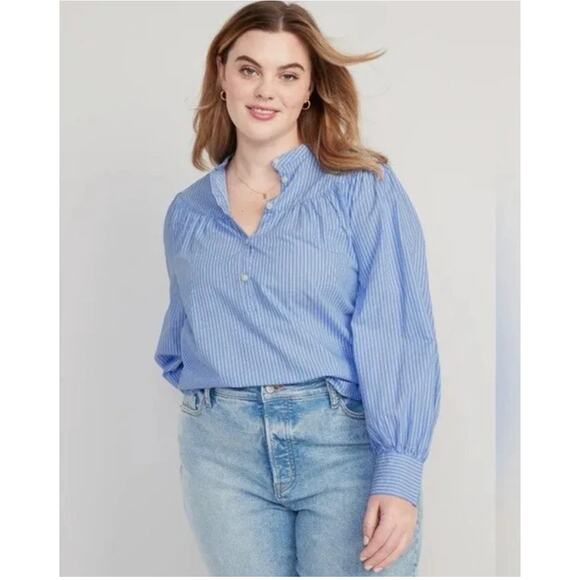 Old Navy Puff Sleeve Striped Henley Shirt Blue Stripe Boho Peasant Size Medium - Picture 1 of 12